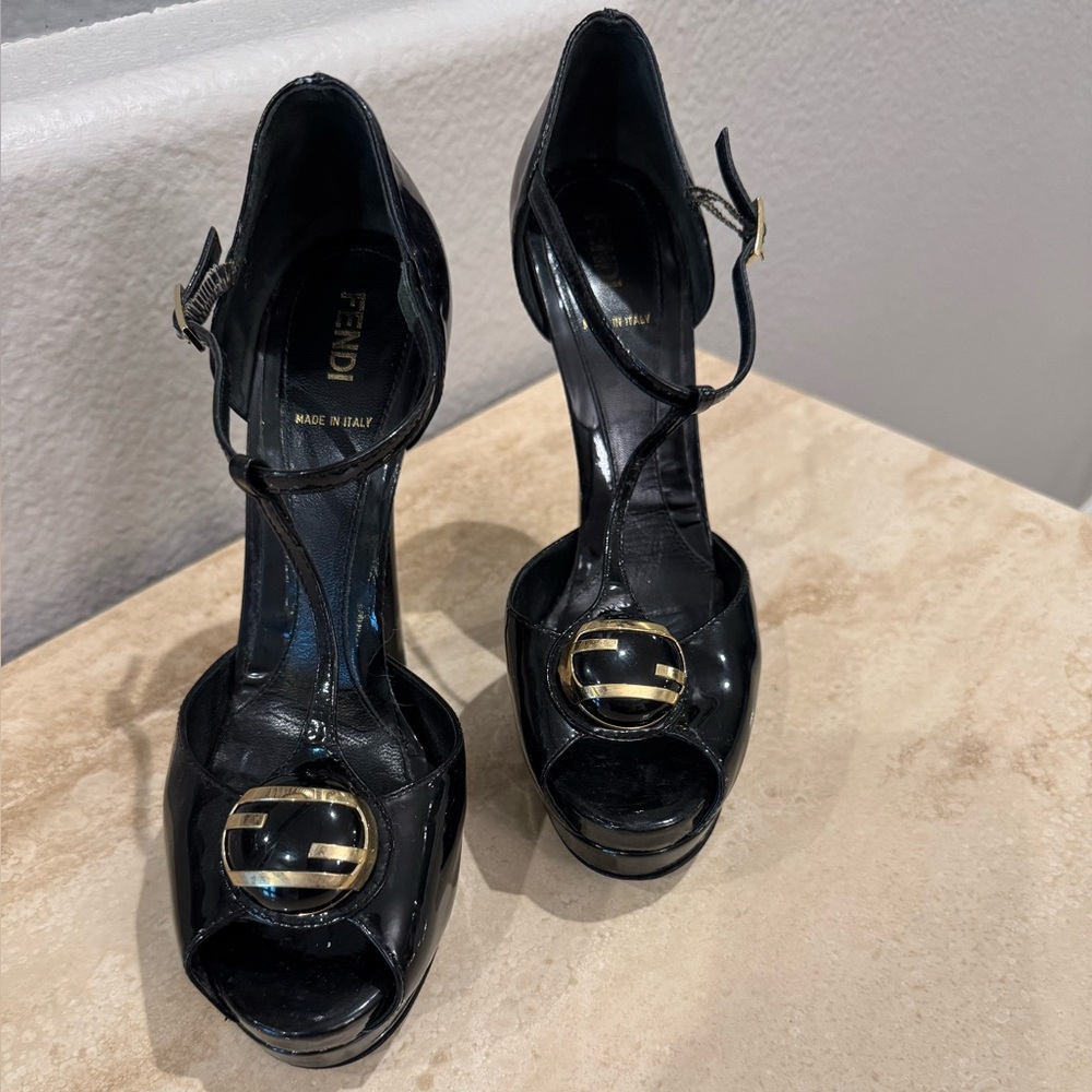 Fendi Black High Heel platform Sandals with Gold Hardware